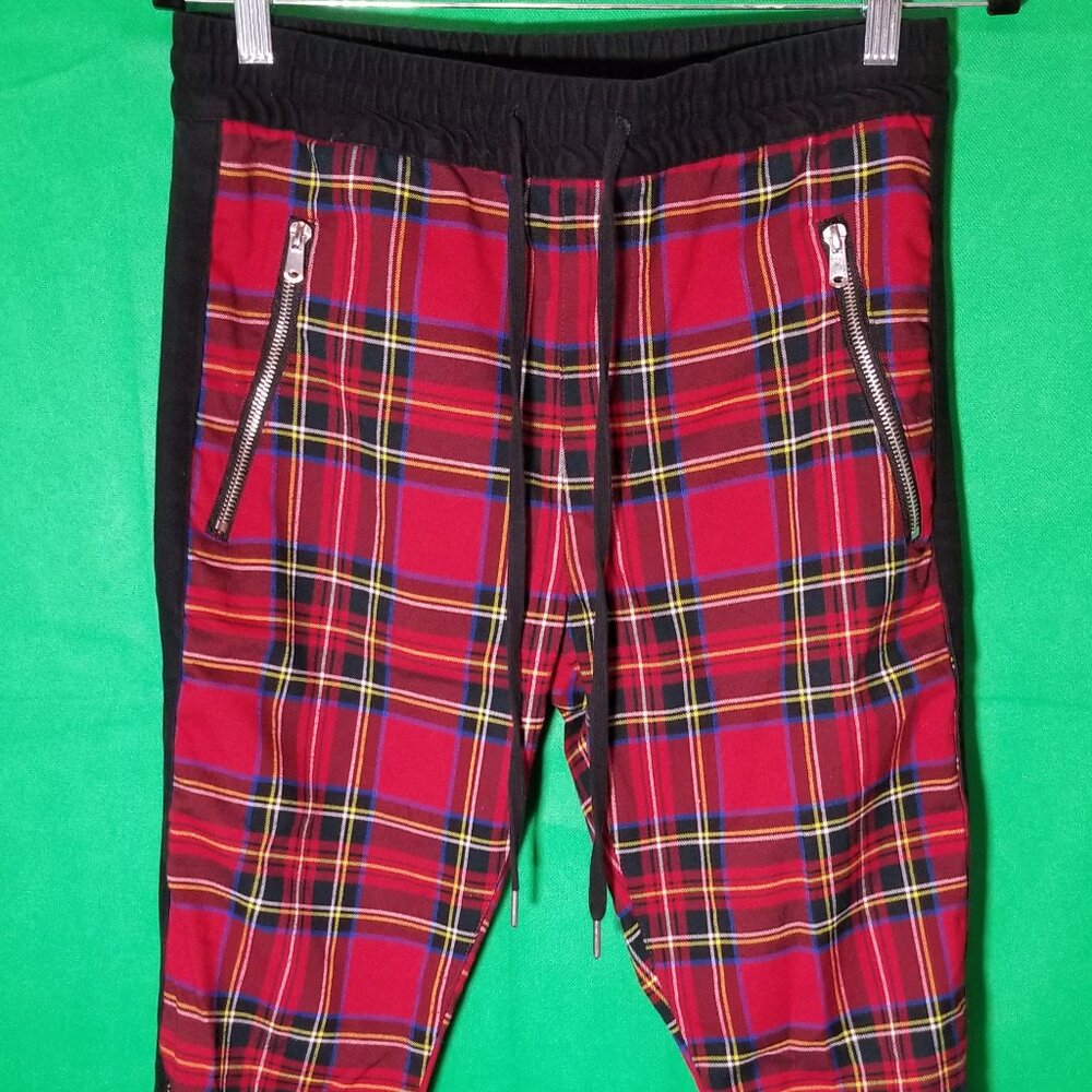 Forever 21 Men Small Red Plaid Pull-On Drawstring Jogger Pants Zippers Rave Punk